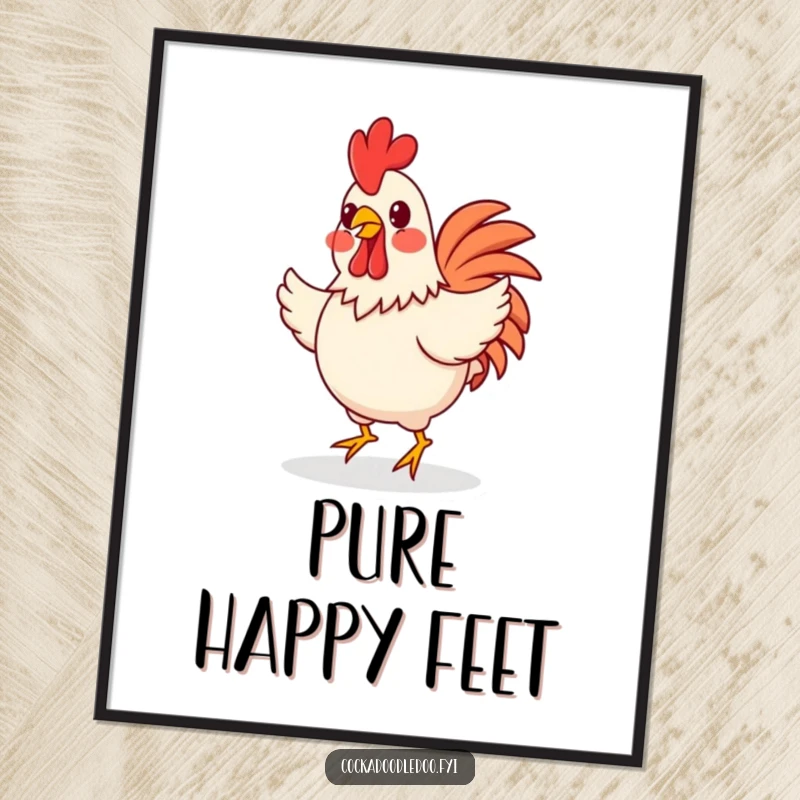 Funny happy rooster doing a cheerful jig, available as an instant digital art print for joyful and playful wall decor.