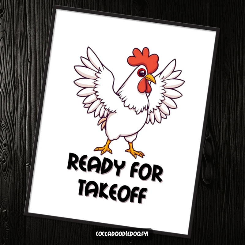 Funny Kawaii rooster digital art print of a determined character stretching wings wide. Bold and motivational.