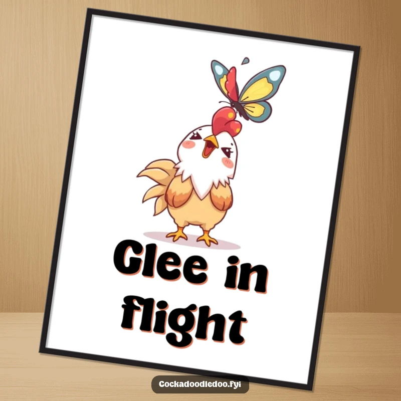 Funny Kawaii rooster digital art print of a giggling character looking at a soaring butterfly. Whimsical and delightful.