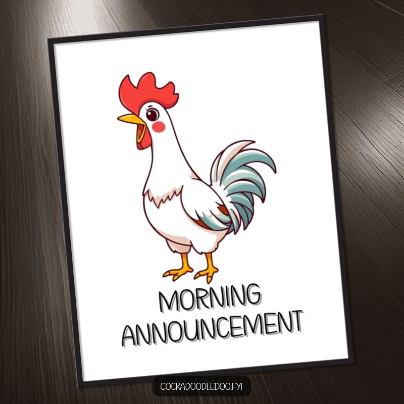Funny Kawaii Rooster Digital Art Print, neck stretched high, joyfully crowing, instant humorous wall art.