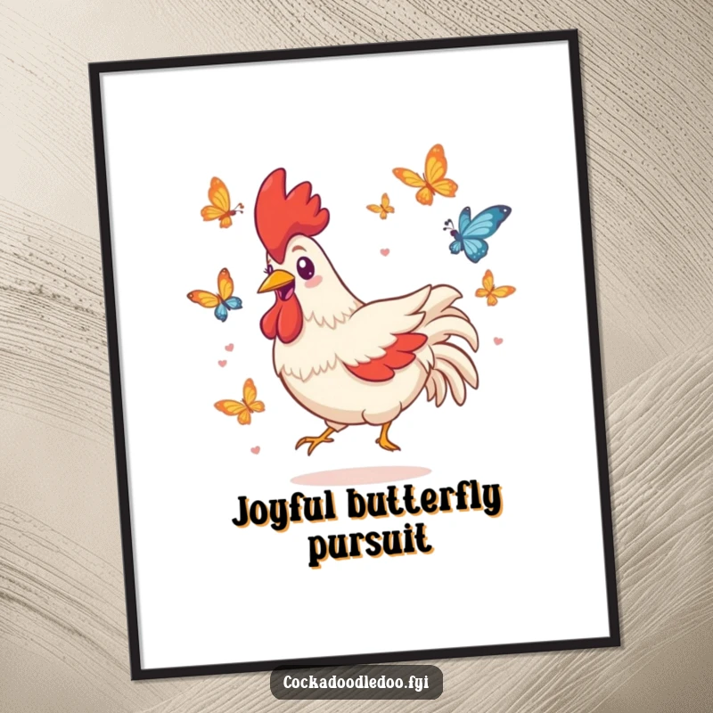 Funny digital art print of a playful Kawaii rooster character grinning while chasing butterflies, perfect for cheerful decor.