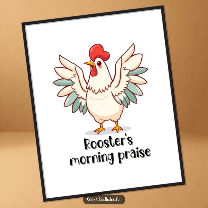 Funny Kawaii Rooster Digital Art Print of a bird with wings spread, letting out a triumphant and cheerful morning call.