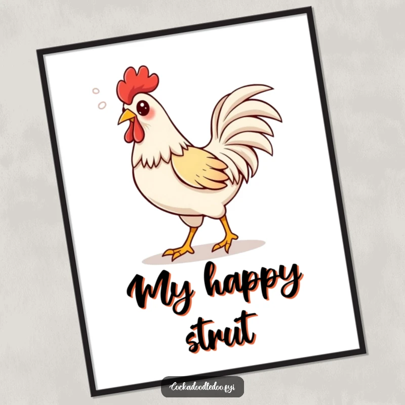 Funny Kawaii rooster strutting digital art print showing a cute rooster with happy puffs of air escaping its beak.
