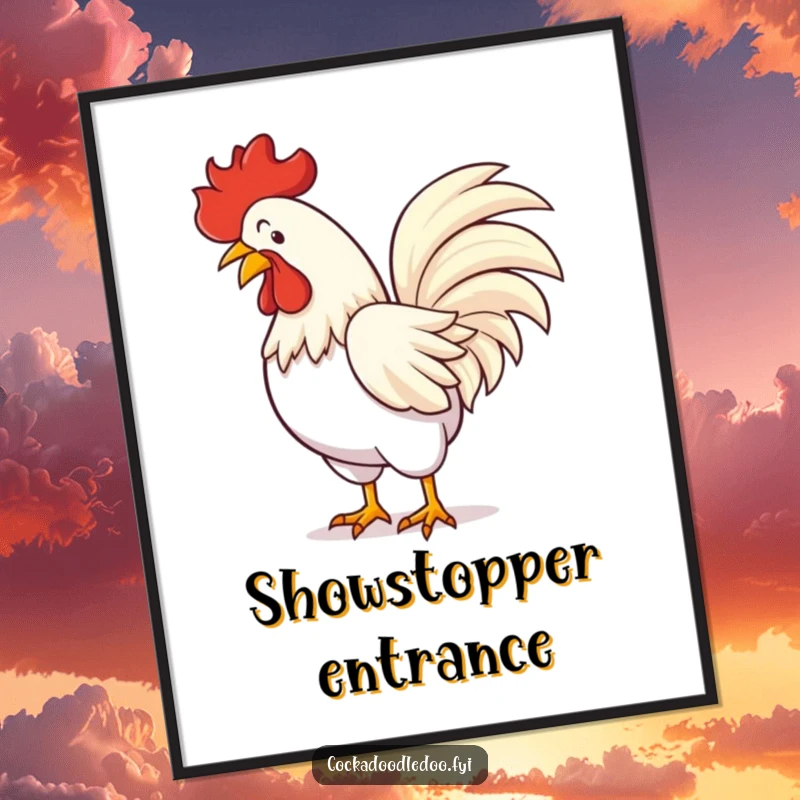 Funny digital art print of a rooster performing a flamboyant bow, showcasing a spectacular fanned tail feather display.