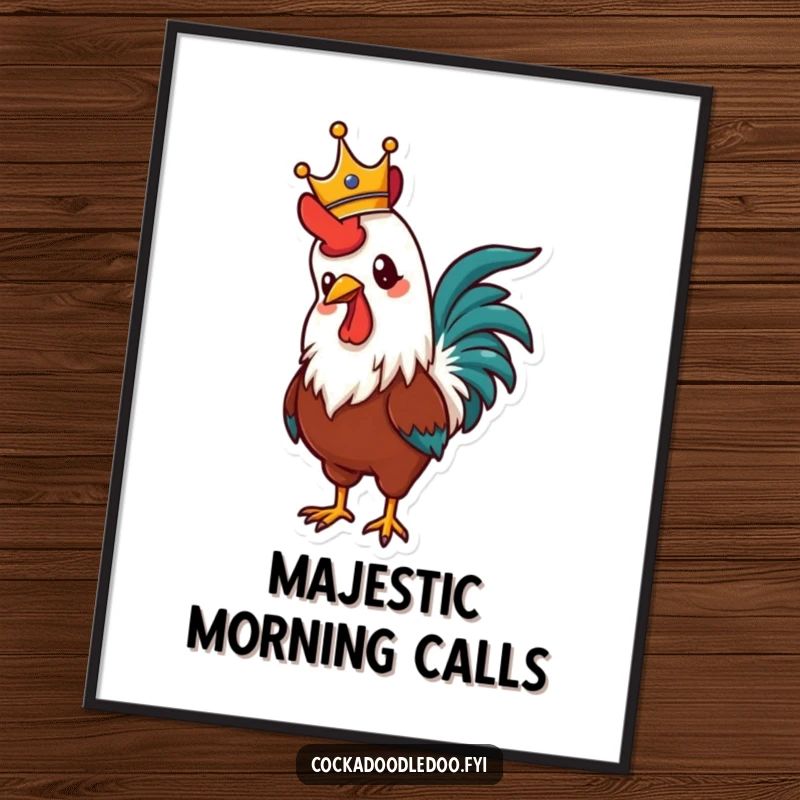 Funny digital art print of a proud rooster crowned and crowing with immense pride, creating a bold and humorous statement piece.