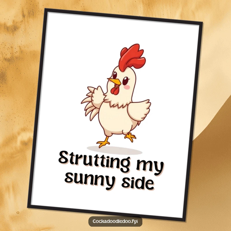 Funny rooster digital art print of a cheerful character rooster with comb held high, doing a joyful strut with energy.