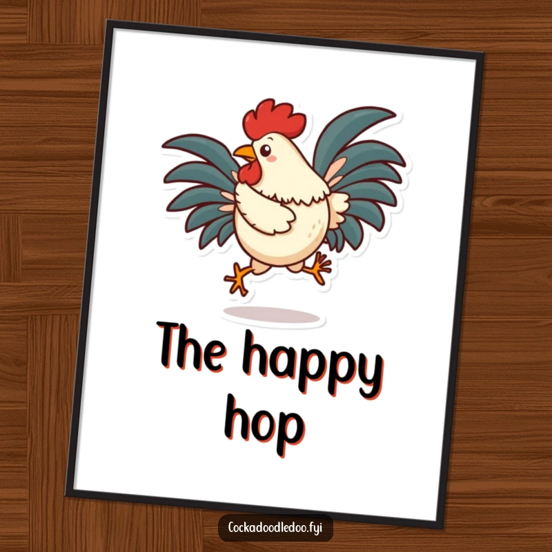 Funny rooster digital art print capturing a character doing a silly hop with tail feathers fanned out, radiating pure energetic fun.