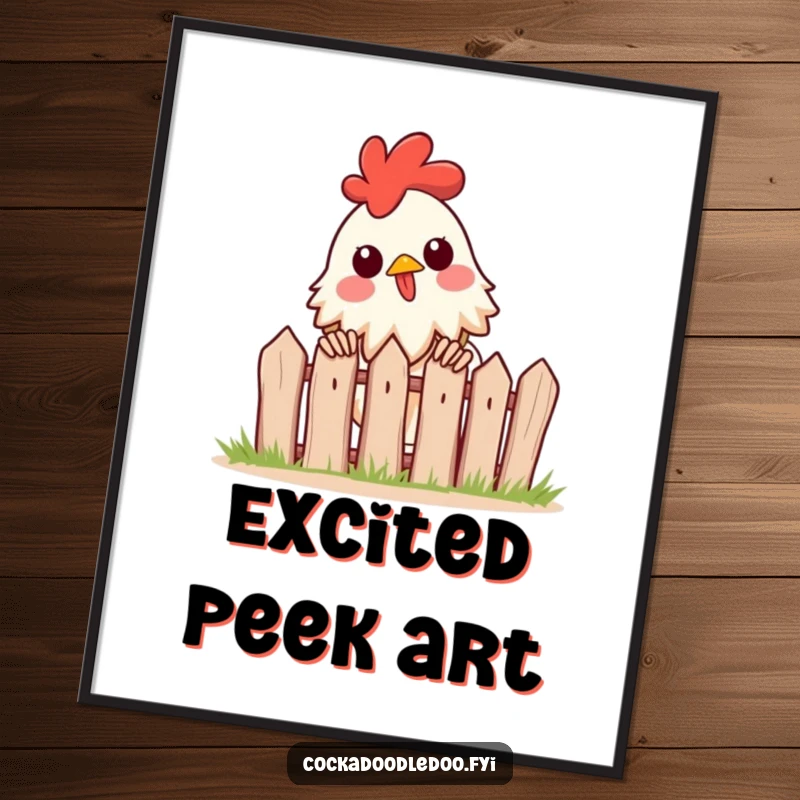Funny digital art print of a rooster excitedly peeking over a tiny fence, radiating curiosity and playful observation.