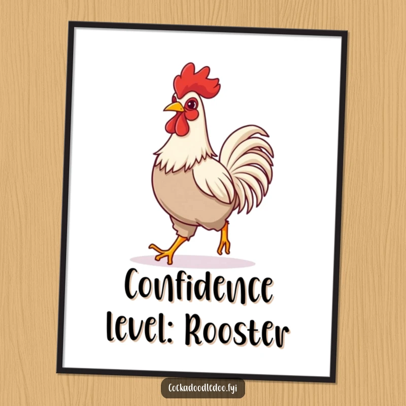 Funny digital art print of a rooster in a confident, happy stride, conveying joy and personality for wall decoration.