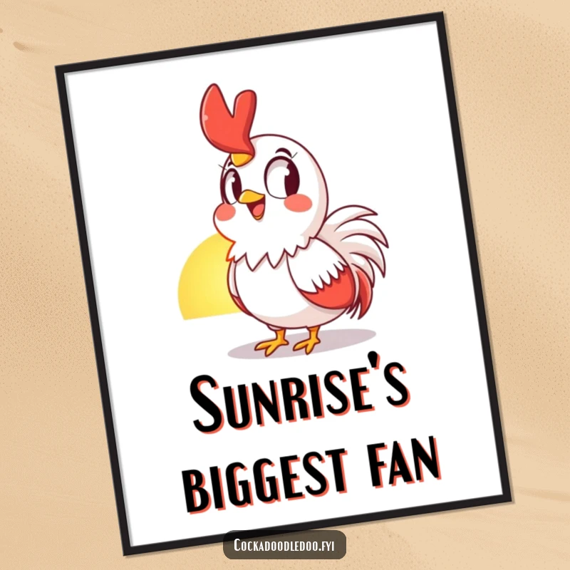 Funny Digital Art Print of a rooster's awestruck, grinning face watching the sunrise, ideal for instant home decor.