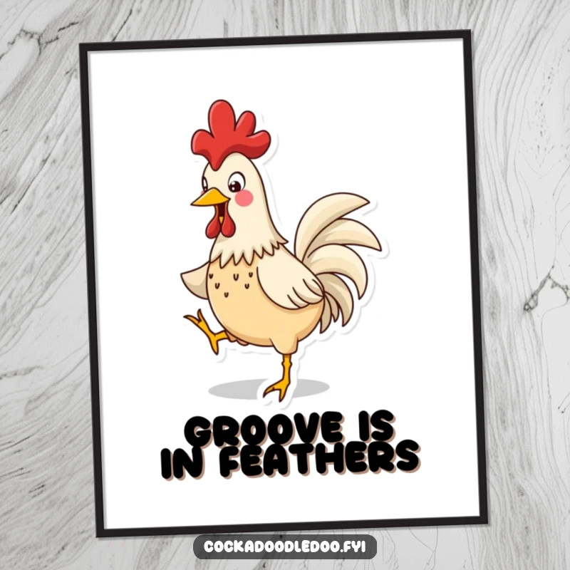 Funny Rooster Jig Digital Art: A printable artwork of a funny rooster dancing with abandon, comb bobbing wildly.