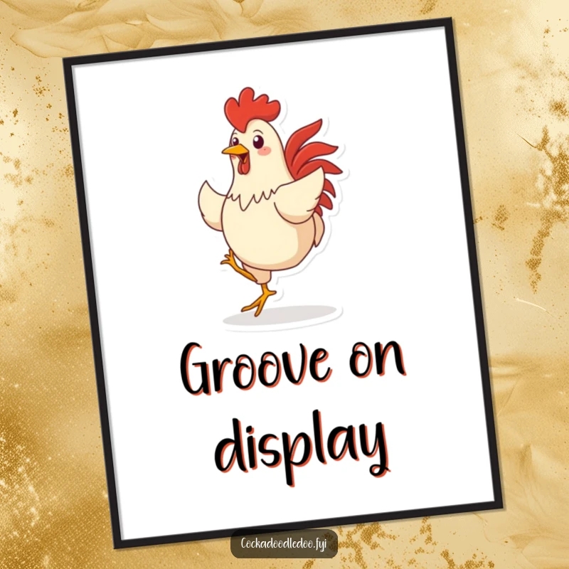Funny digital art print depicting a rooster character in a wildly energetic dance, a vibrant and humorous addition to any wall.