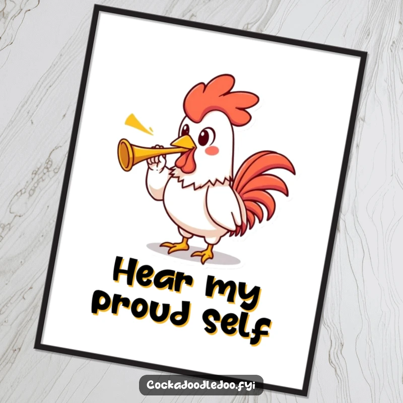 Funny rooster digital art print of a proud kawaii rooster character with an exaggerated stance, blowing a tiny trumpet with flair.