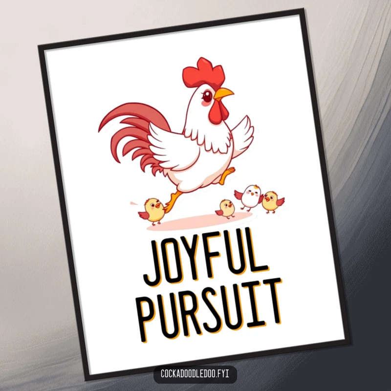 Funny Rooster Digital Art Print, playfully chasing smaller cartoon birds happily, humorous wall art.