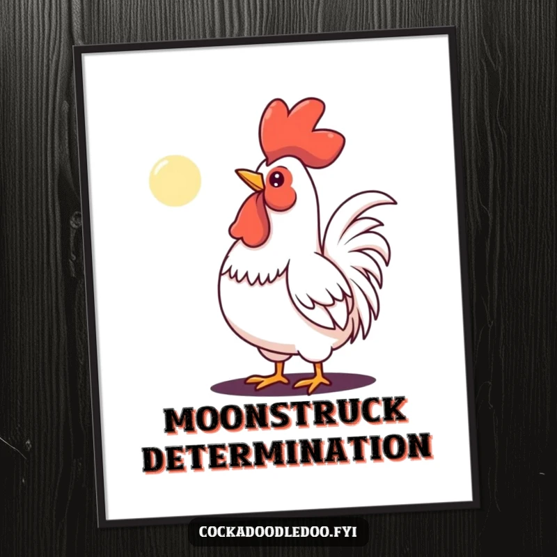 Funny digital art print of a determined rooster crowing at a small moon, symbolizing ambition and perseverance.