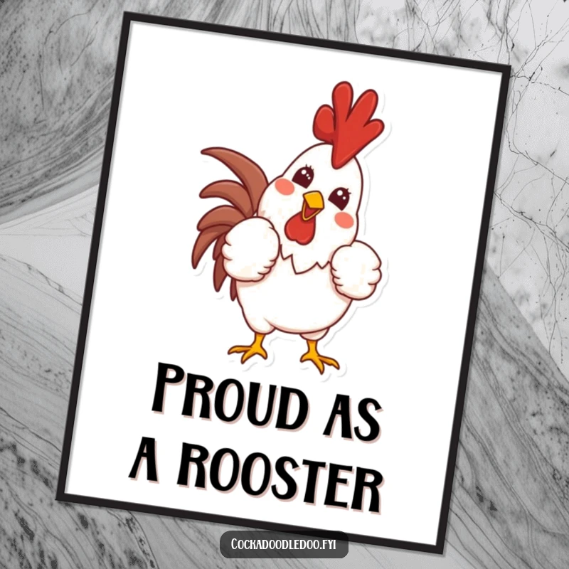 Funny digital art print of a proud rooster character puffing out its chest and crowing with a wide smile, capturing a moment of confident morning cheer.