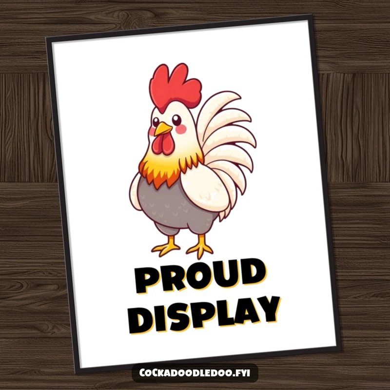Funny Rooster Digital Art Print: A stylized rooster with vibrant feathers proudly puffing its chest, depicted with bold charisma.