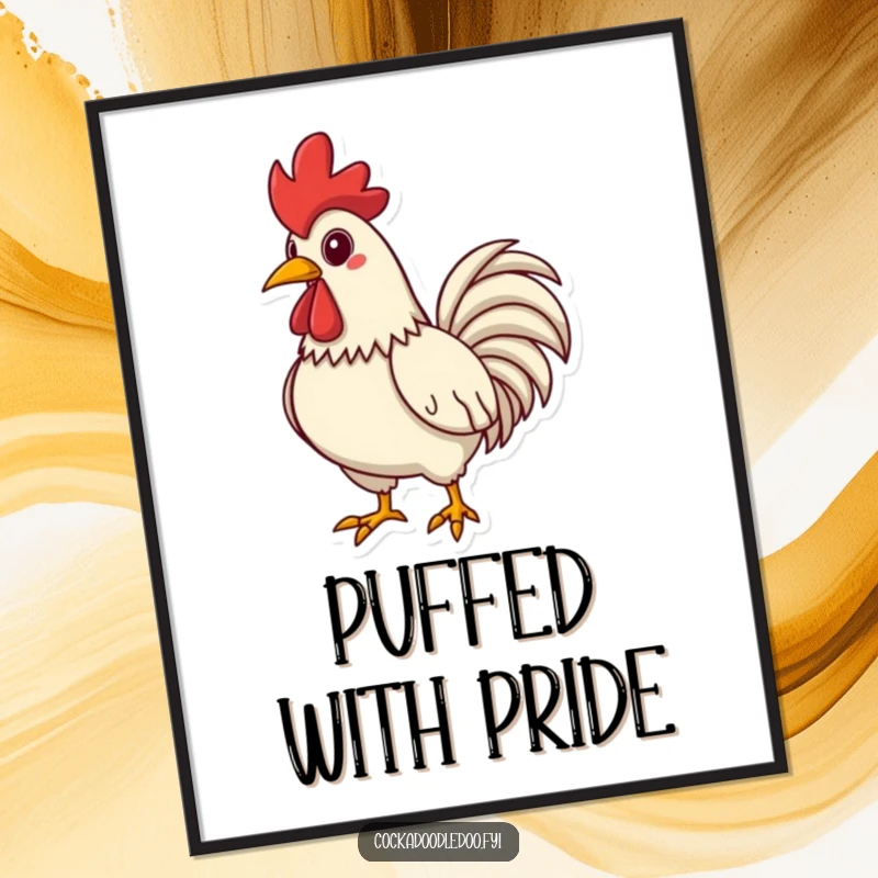 Funny Rooster Digital Art Print, chest puffed out, striking a proud pose, humorous wall art.