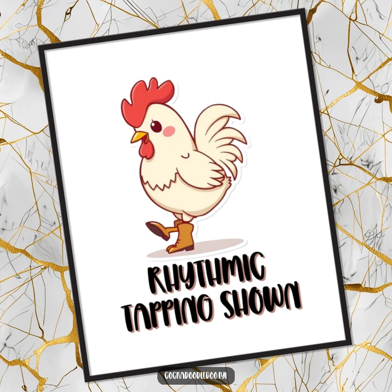 Funny Kawaii Rooster Boots Digital Art Print: High-resolution artwork of a cute rooster in tiny boots, rhythmically tapping its foot with playful energy.
