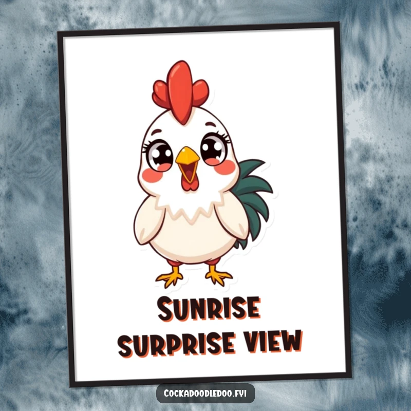 Funny surprised rooster digital art print, eyes wide at the dawn. Instant humorous decor, perfect for screen-sharing laughs or printing.