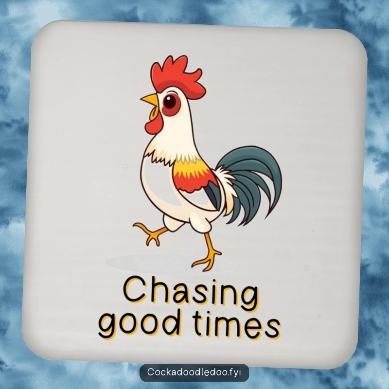 Funny drink coaster featuring a rooster playfully chasing its shadow, adding a humorous and playful element to home decor.
