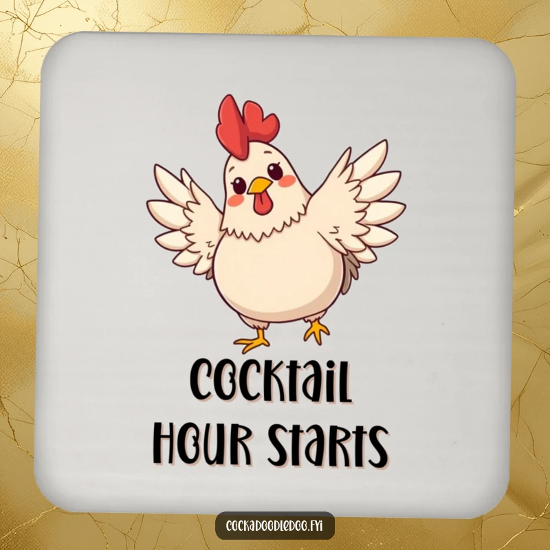 Funny drink coaster featuring a plump, cute rooster with a cheerful expression stretching its wings wide.
