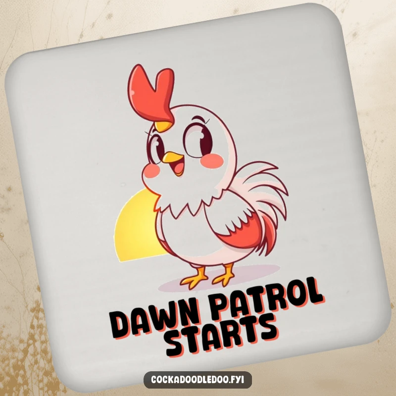 Funny Drink Coaster featuring a rooster's awestruck, grinning face towards the sunrise, protecting furniture with humor.