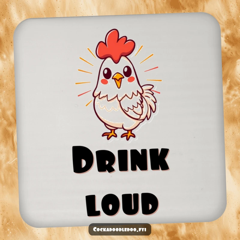Funny, stylized rooster mid-crow with energetic lines on drink coasters, adding powerful style and surface protection.