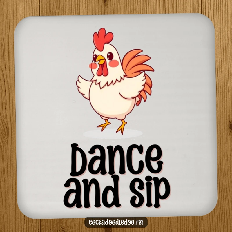 Funny happy rooster with rosy cheeks doing a little jig on drink coasters, adding playful charm and surface protection.
