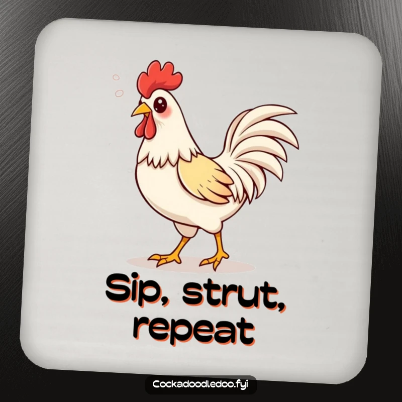 Funny Kawaii rooster drink coasters showing a cute rooster strutting proudly, puffs of air escaping its beak in a happy sound.