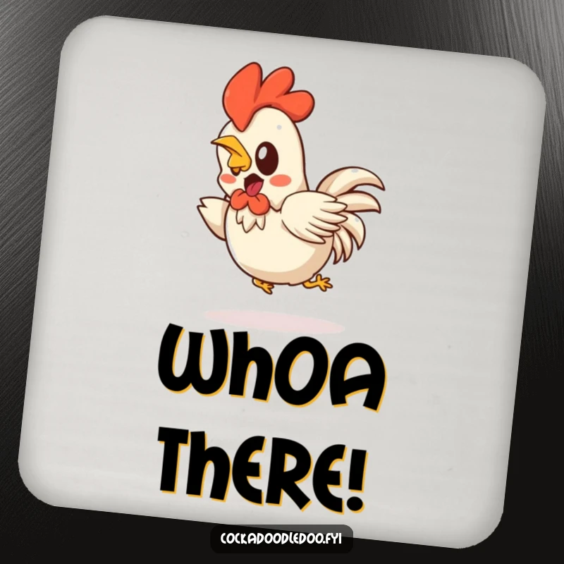 Funny Kawaii rooster coaster showing a startled character comically hopping backwards. Functional and amusing.