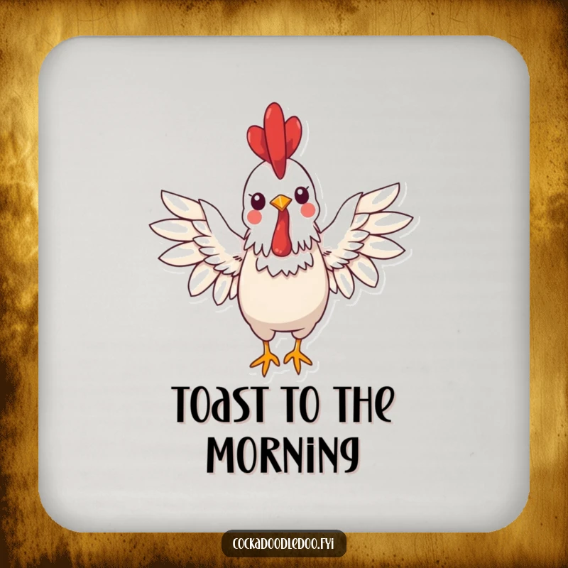 Funny kawaii rooster coasters featuring a cheerful rooster with wings spread wide in a greeting, protecting surfaces.
