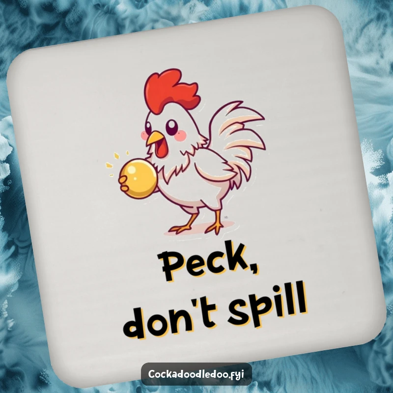 Funny Rooster Coaster, showing energetic pecking at a shiny object, protecting surfaces with humor.