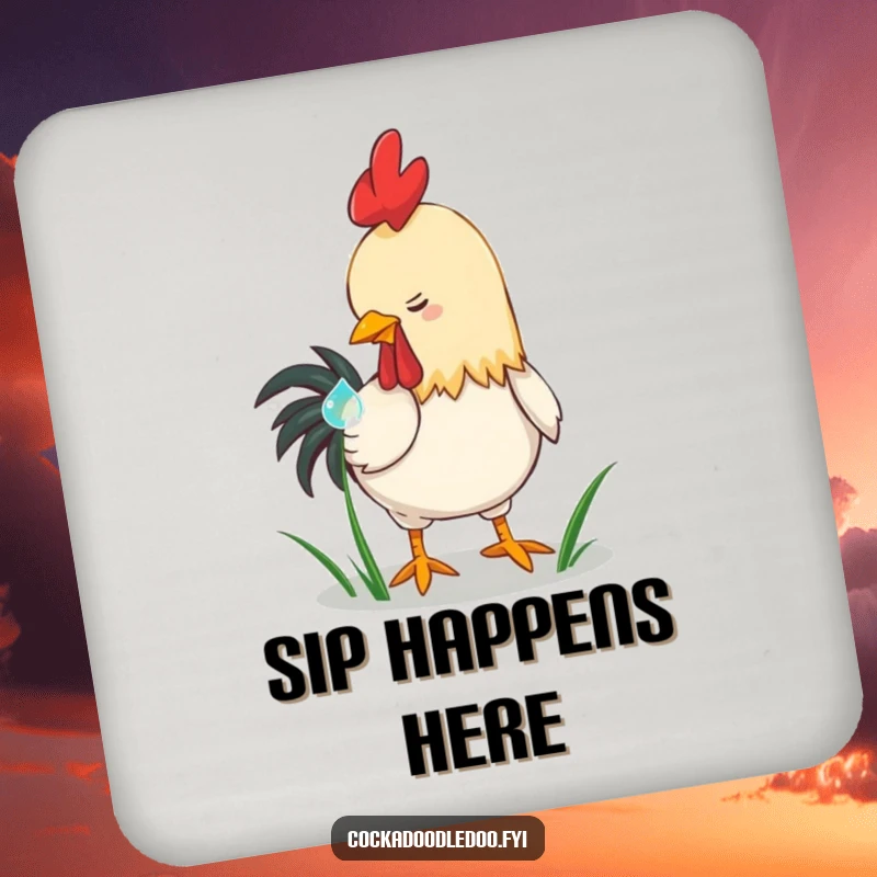 Funny playful rooster drink coasters, pecking a dewdrop on grass. Charming and humorous coasters, ideal for nature enthusiasts as a gift.