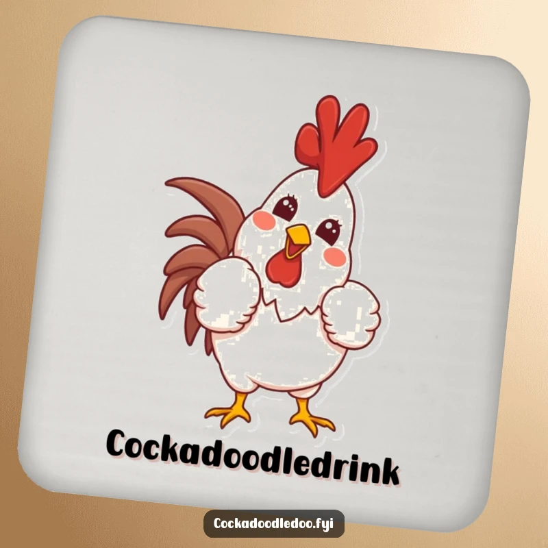 Funny drink coaster showing a proud rooster puffing out its chest and crowing with a wide smile, a humorous addition to any drink setting.