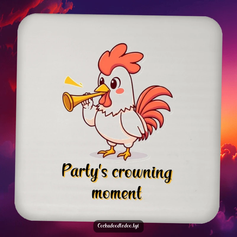 Funny rooster drink coaster featuring a proud kawaii rooster character with an exaggerated stance, blowing a tiny trumpet.