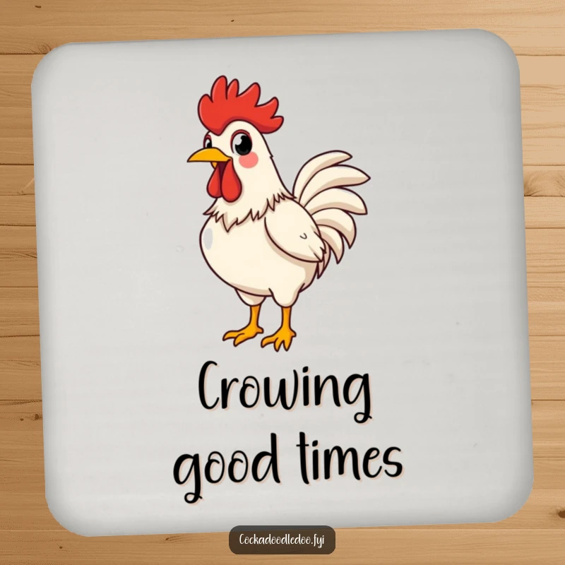 Funny rooster coaster showing a proud rooster crowing loudly, chest puffed out, adding cheerful humor.