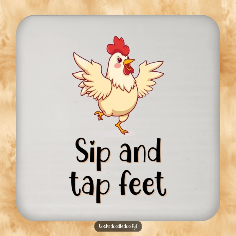 Funny drink coaster showing a joyful rooster dancing a lively jig with its wings spread, protecting surfaces with a spirited, humorous design.
