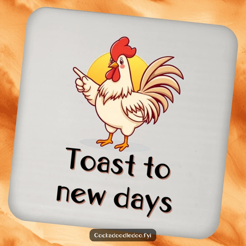 Funny rooster drink coaster featuring an enthusiastic rooster pointing towards a sunrise, perfect for tabletops.