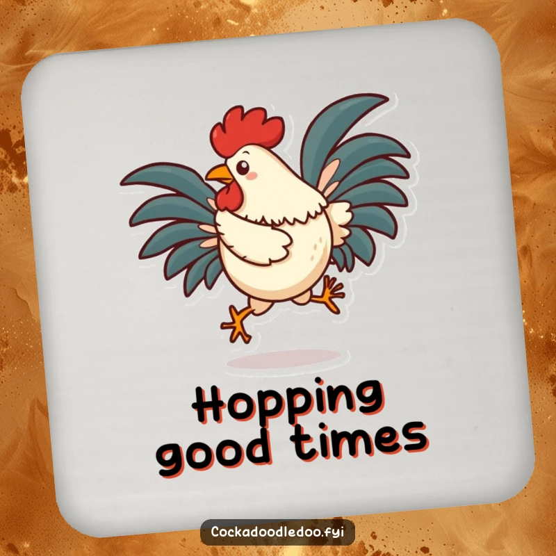 Funny rooster drink coaster featuring a character in a silly hop with tail feathers fanned out, protecting surfaces with energy.