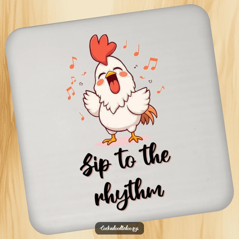 Funny rooster drink coaster featuring a character singing loudly with a beaming smile, surrounded by musical notes, protecting surfaces with music.