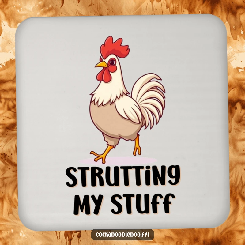 Funny drink coaster featuring a rooster confidently striding, providing surface protection with a humorous and cheerful design.