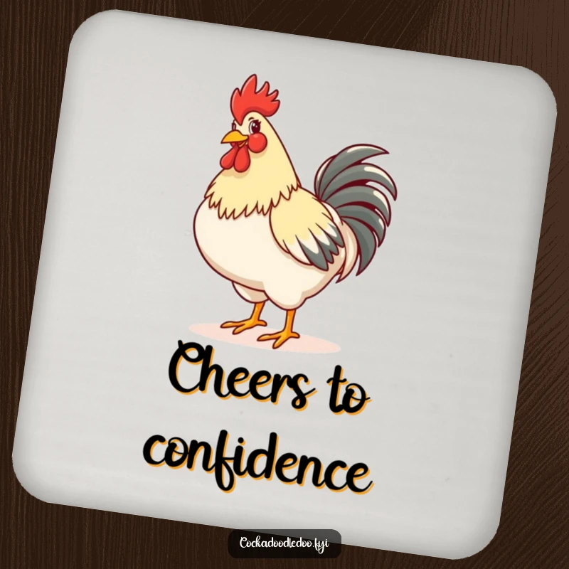Funny drink coaster featuring a rooster happily strutting with its chest puffed out, adding a touch of confident humor to any table.