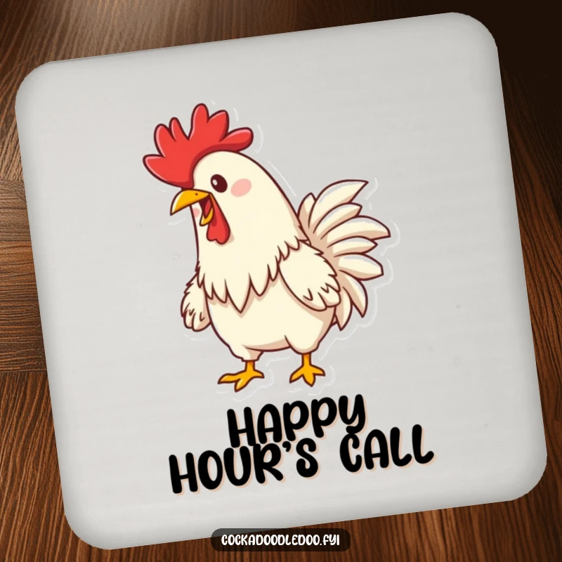 Funny Determined Rooster Crowing Drink Coaster: A coaster with a cheerful rooster joyfully crowing, protecting surfaces.