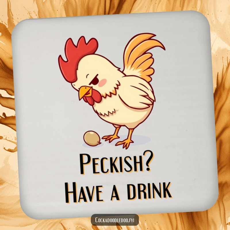 Funny drink coaster with a small, determined rooster pecking at a tiny seed, adding humor to any beverage.