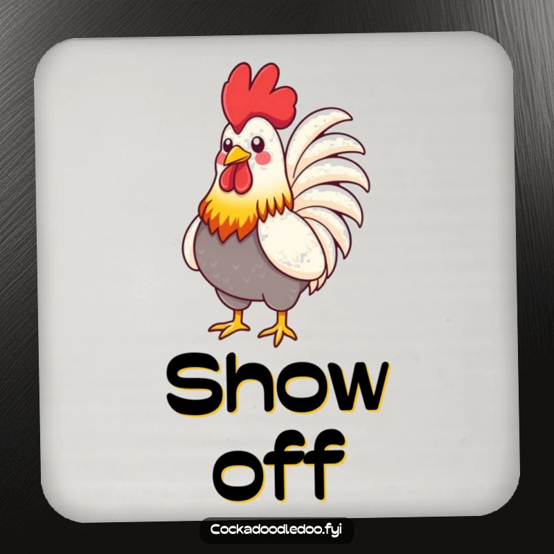 Funny Rooster Coaster: A stylized rooster with vibrant feathers proudly puffing its chest, protecting surfaces with bold style.