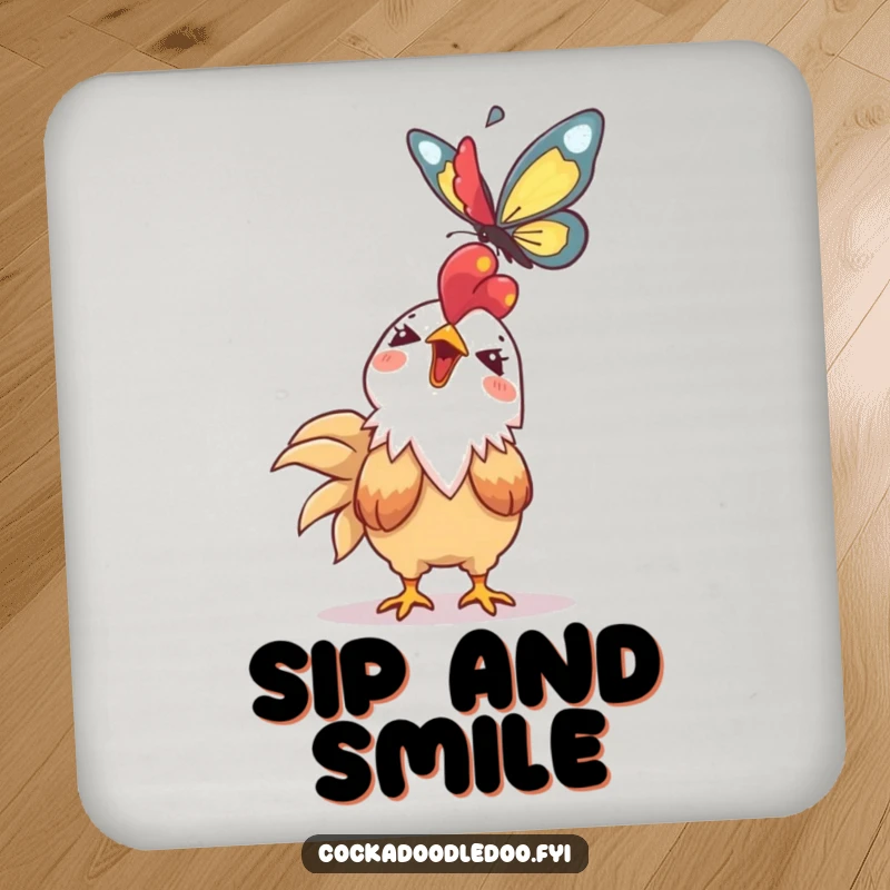 Funny Kawaii rooster coaster showing a giggling character looking up at a soaring butterfly. Functional and whimsical.
