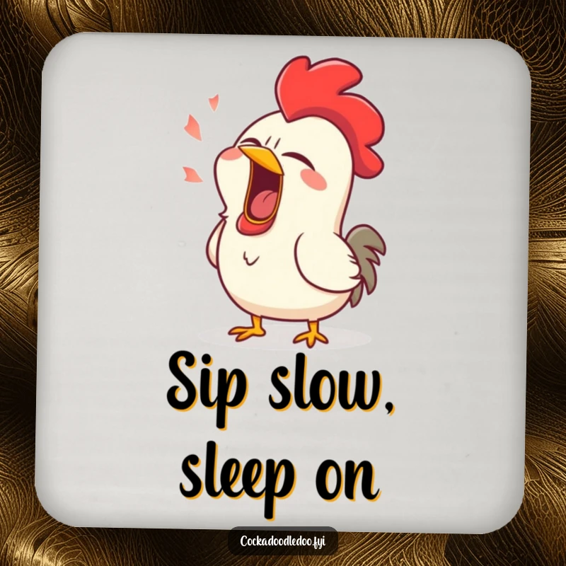 Funny drink coaster illustrating a rooster in a huge, comical yawn, conveying a sense of deep sleepiness.
