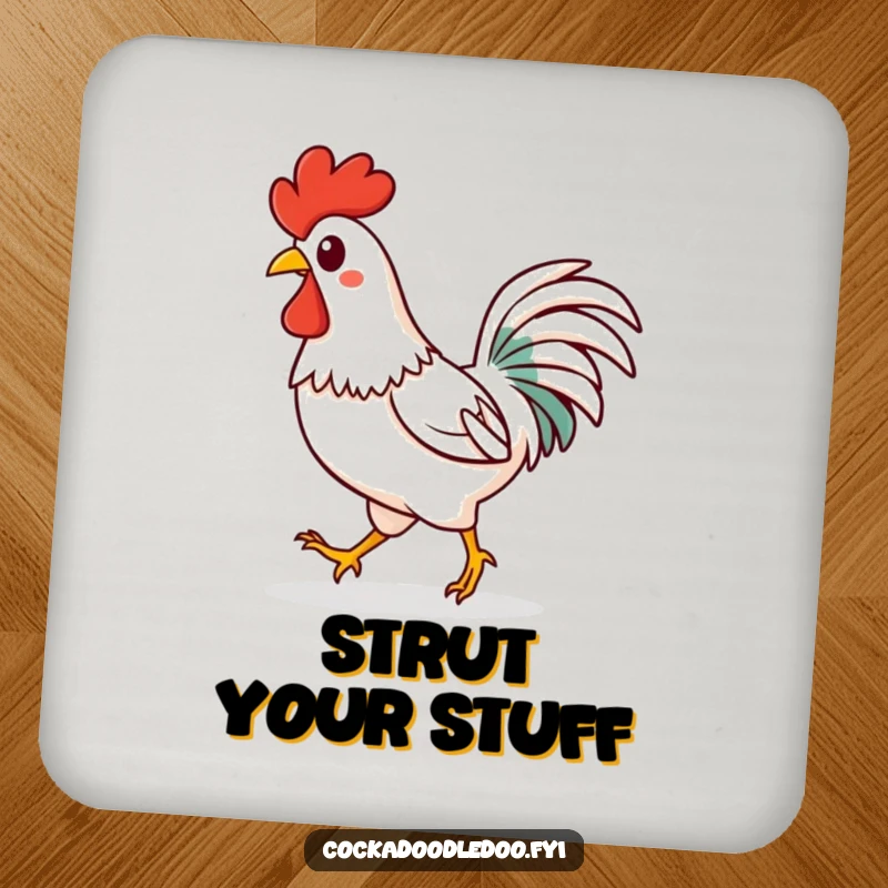 Funny Kawaii rooster coaster showing a happy character strutting confidently with a spring in its step. Functional and joyful.