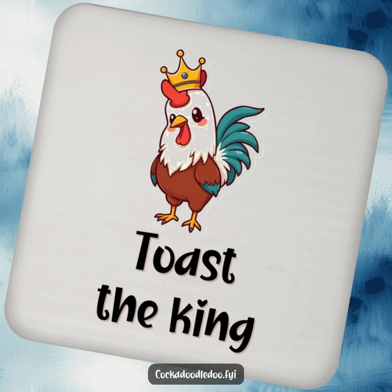 Funny drink coaster featuring a proud rooster wearing a crown, crowing with immense pride, adding a touch of royal humor to any table.